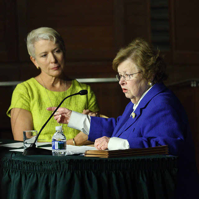 Sen. Barbara Mikulski (right), now a Johns Hopkins University professor and advisor to President Ron Daniel, answers a question from Elizabeth Tracey, director of electronic news media for the school of medicine. 