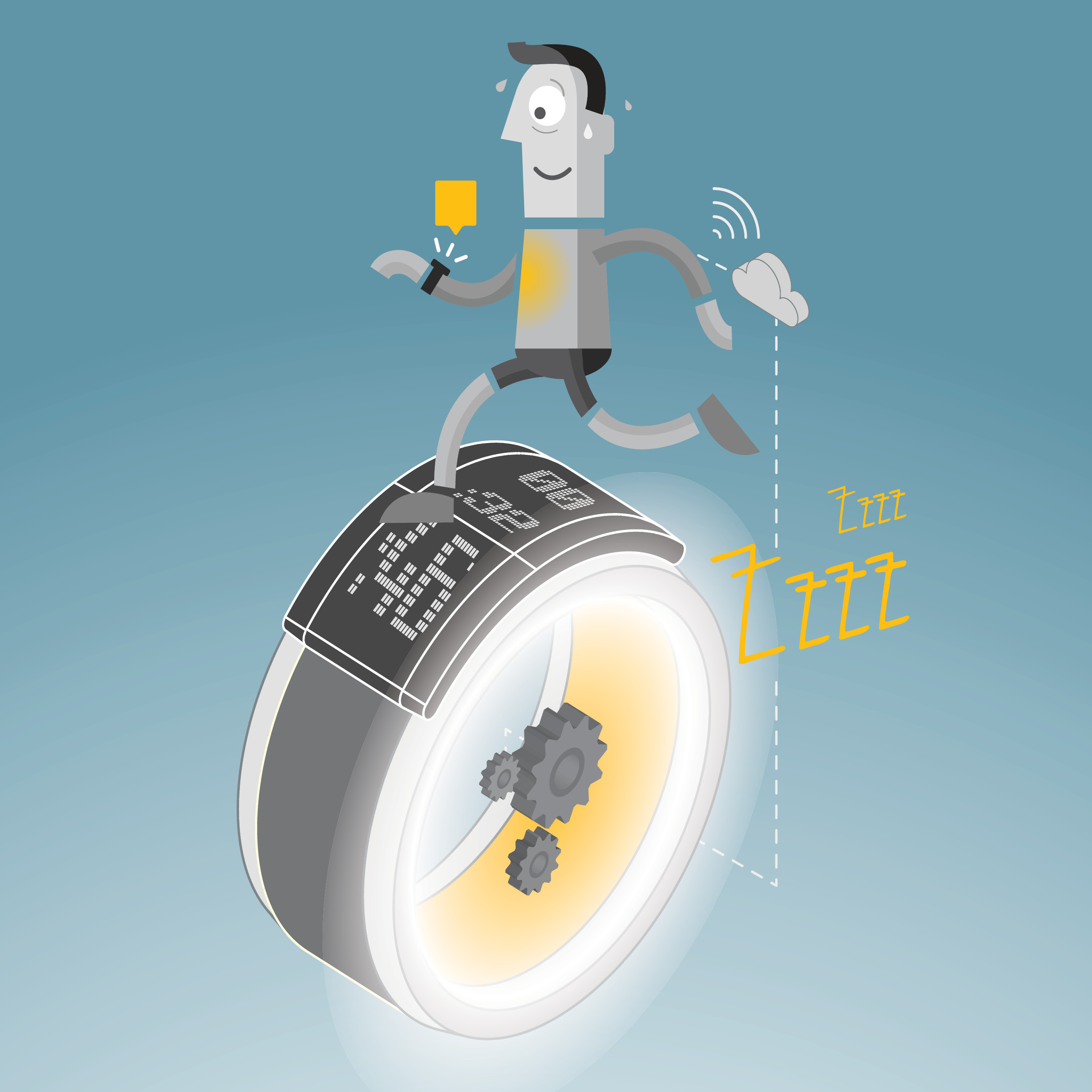 The graphic shows a person running on the face of a wearable activity band. 