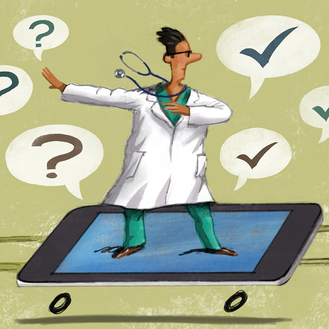 An illustration shows a doctor answering questions while moving. 
