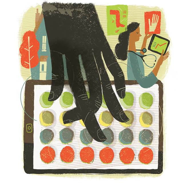 An illustration shows a hand playing a game on a mobile device. 