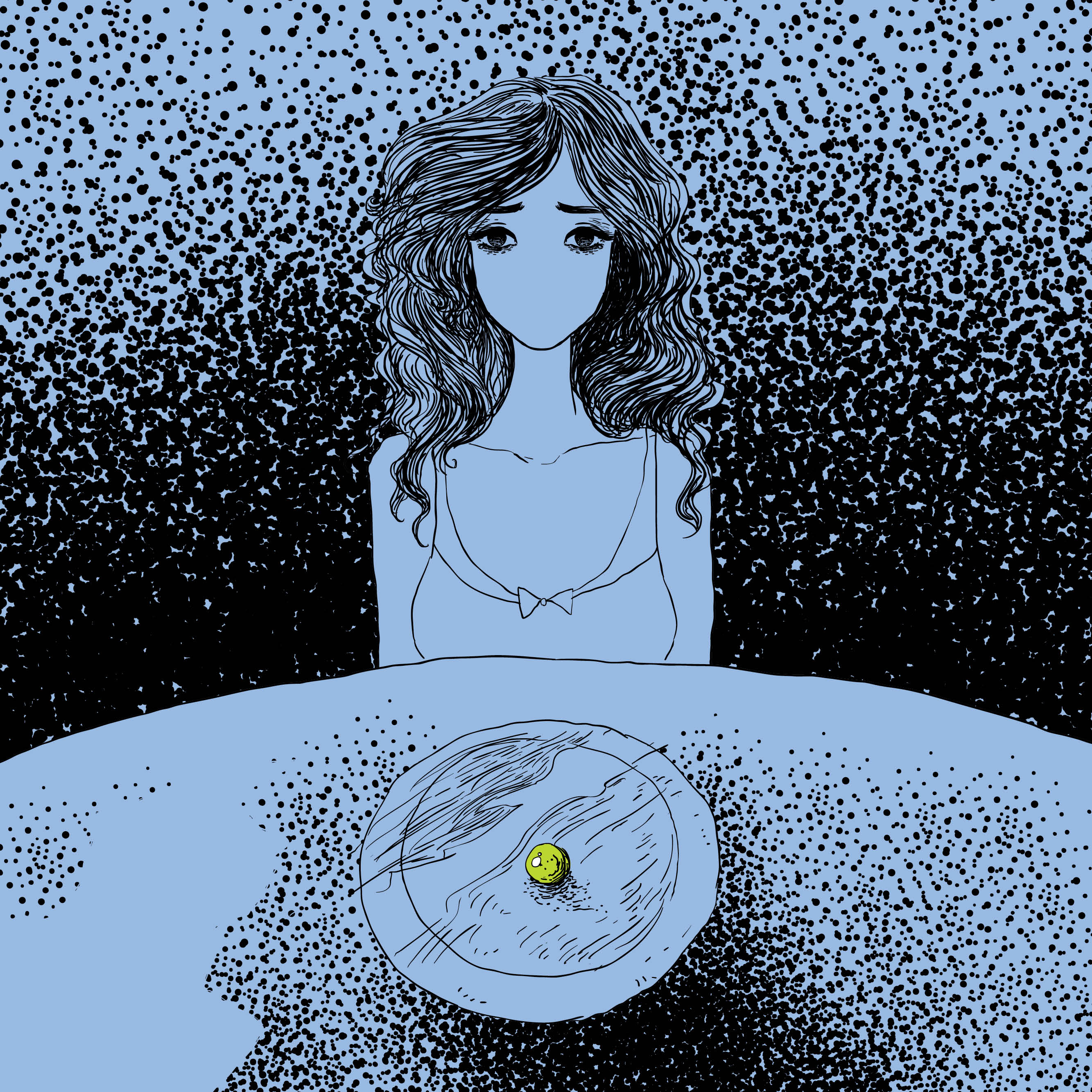 An illustration shows a person sitting at a table with a plate and very little food. 