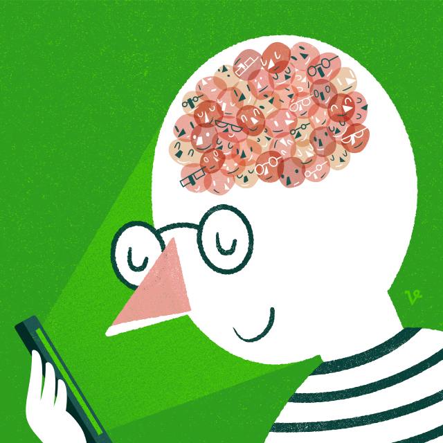 An illustration shows a representation of a student learning from other students using a mobile phone.