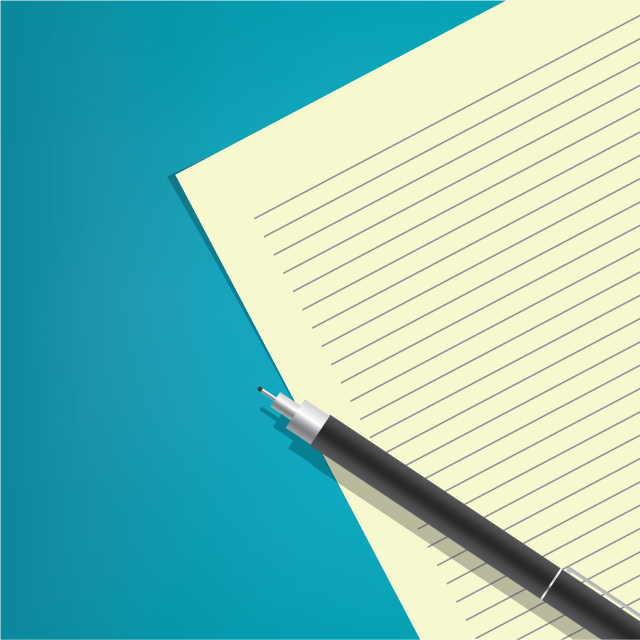 An illustration shows a notepad and pen. 