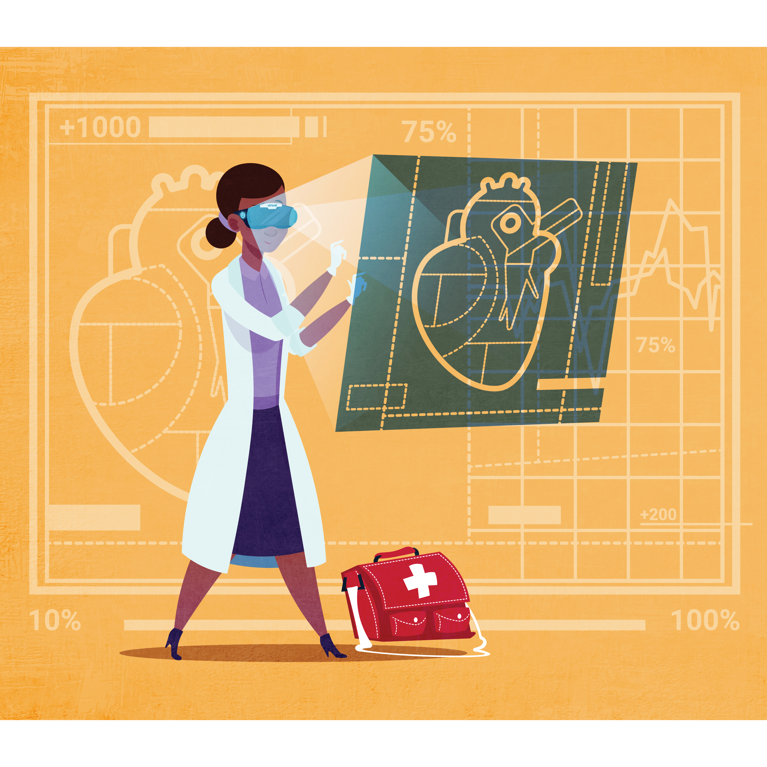An illustration shows a clinician looking at a diagram of a heart.