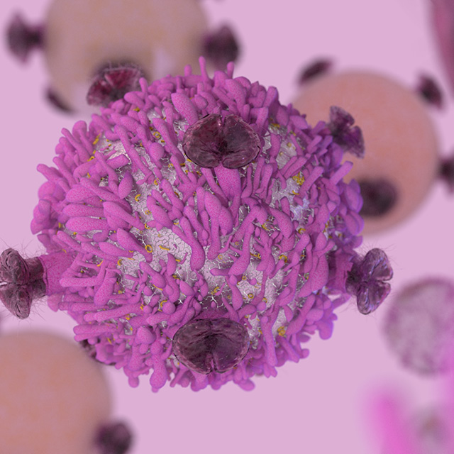 An image shows a 3D representation of cancer cell immunotherapy research. 