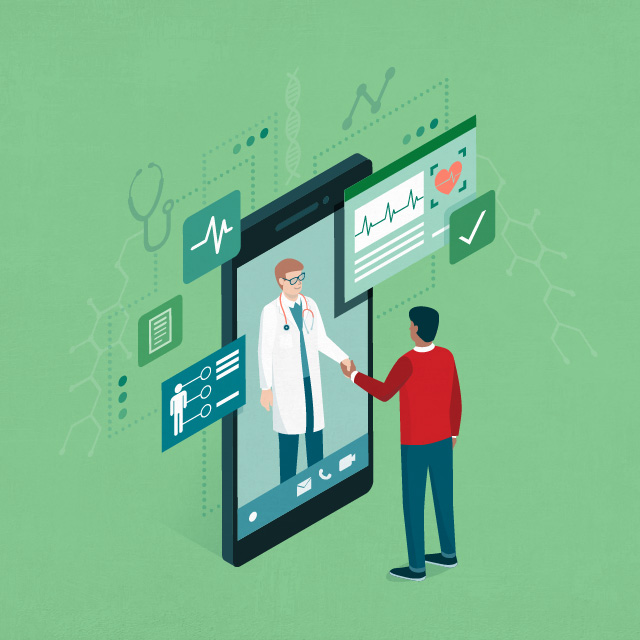 An illustration shows a patient and doctor connecting through a mobile phone.