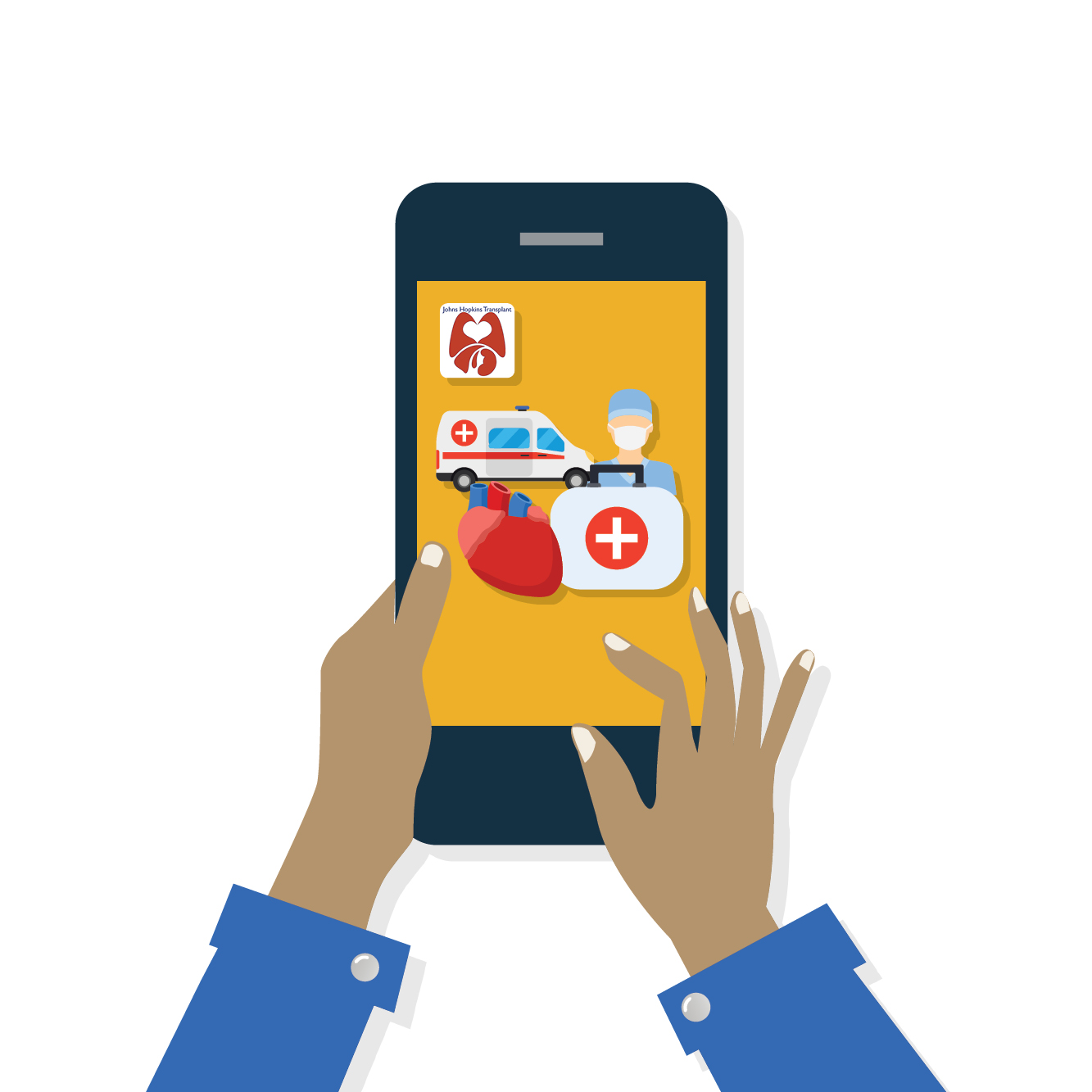 A graphic shows a pair of hands holding a mobile phone. 