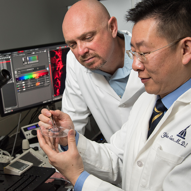 Drs. Fridman and Guan analyze device in lab