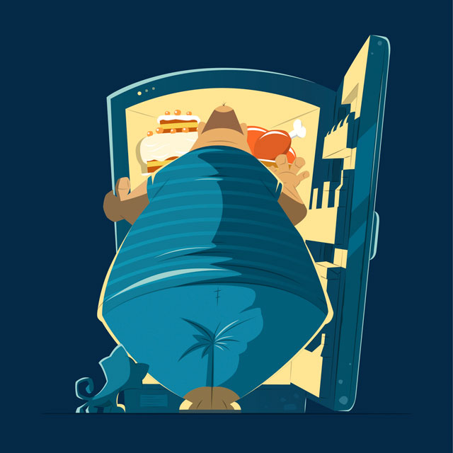 A graphic shows a man looking into a refrigerator at night.