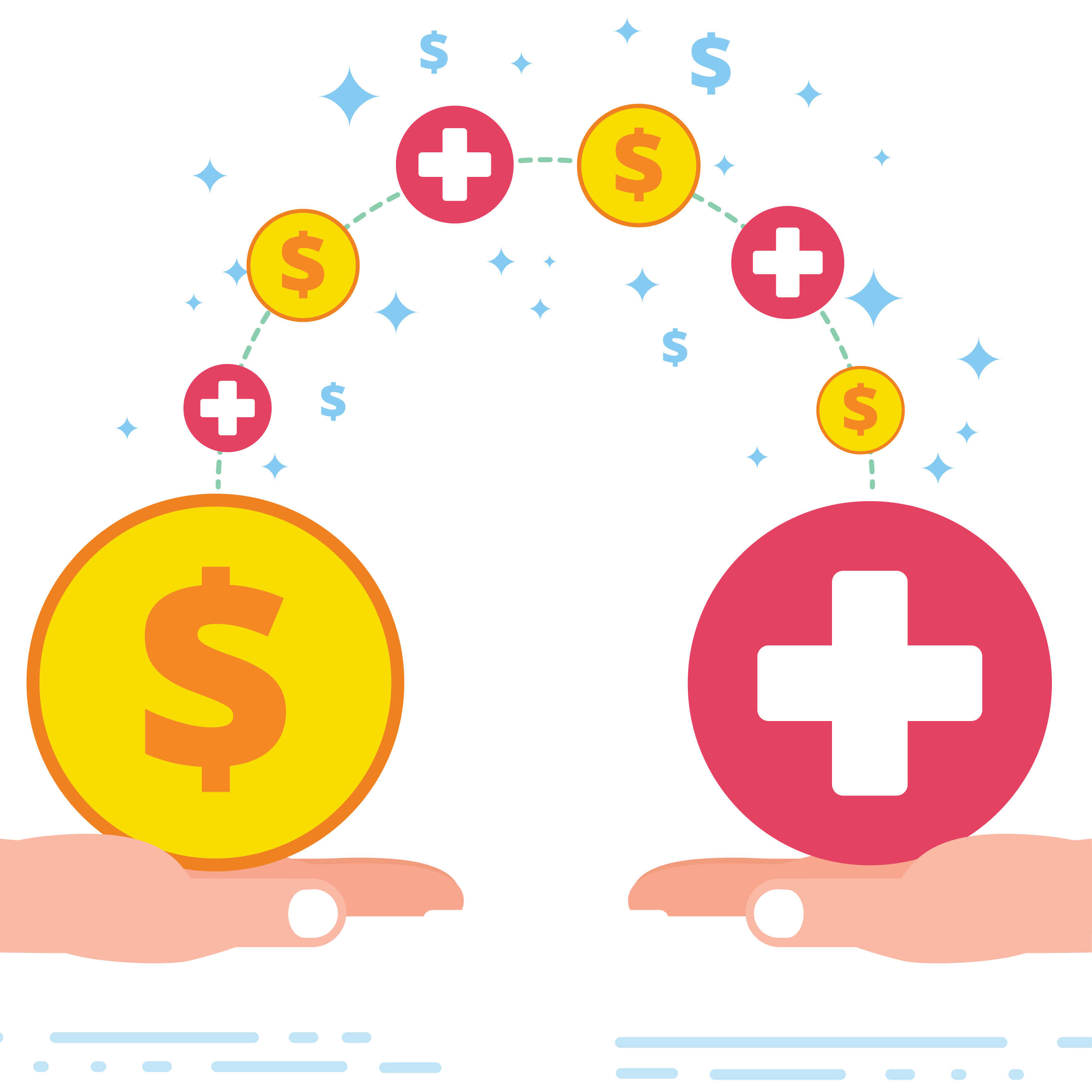 Graphic showing two hands, one holding a dollar sign and another holding a plus sign, representing increased value