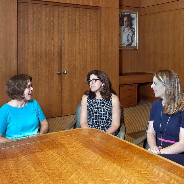 A photo shows Gail Berkenblit, Rachel Levine and Heather Sateia in the Mary Elizabeth Garrett Boardroom. 