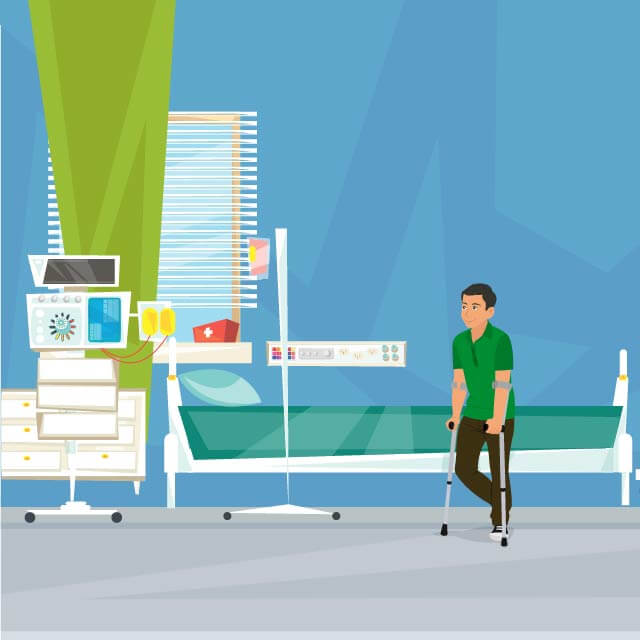 A graphic shows a young patient using a walker. 