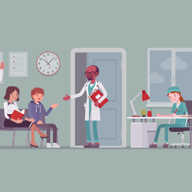 A graphic shows a waiting room.