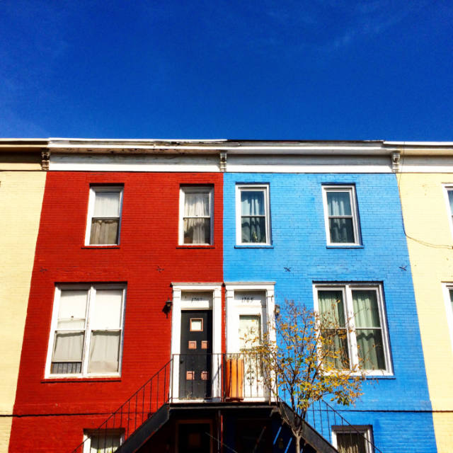 red and blue row houses