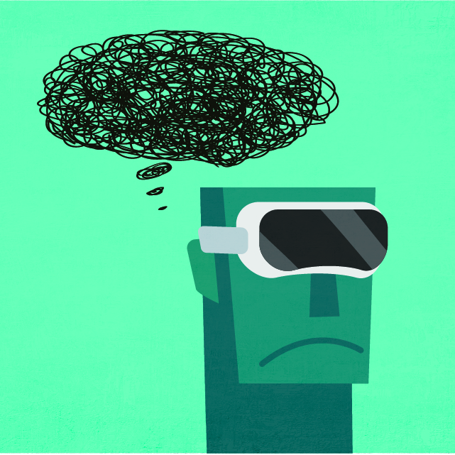 A graphic represents a person with unpleasant thoughts wearing a virtual reality headset.