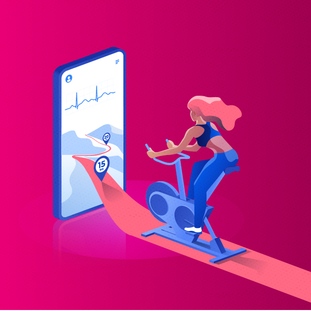 This is an illustration of a woman biking through the use of technology