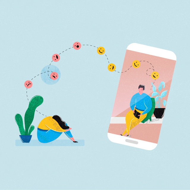 This illustration depicts a clinically depressed woman talking to her counselor over the phone
