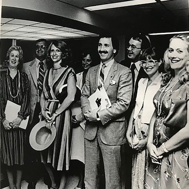 A photo shows Joyce Koons and family at the dedication of the Koons Cardiac Center in 1980. From left to right: Eleanor Koons, John Koons, Jr., Joyce Koons, a friend, Jim Koons, Joe Koons, Nancy Koons and Cecilia Koons.