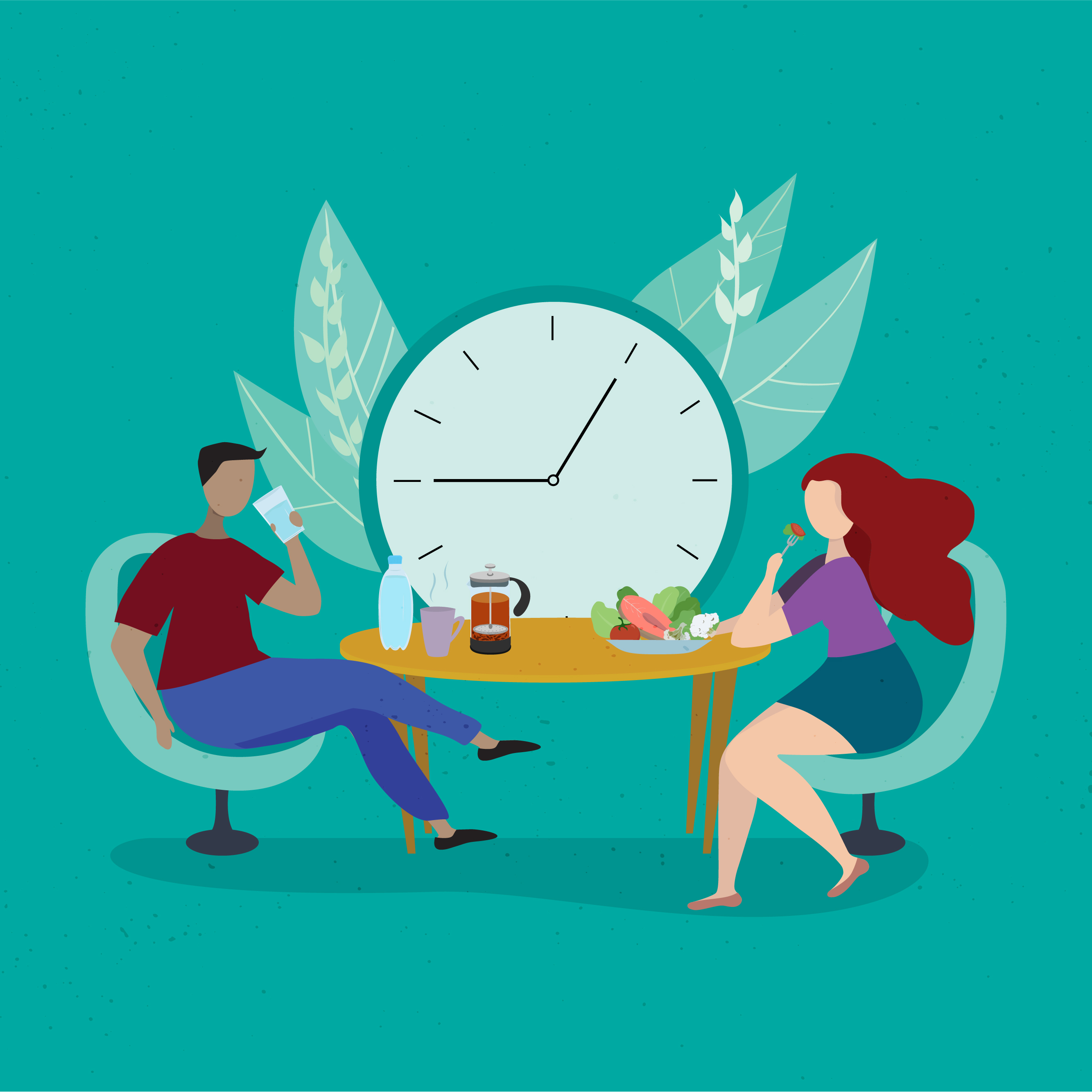 illustration of a man and woman at a table, man with empty plate and woman with full. Clock behind them