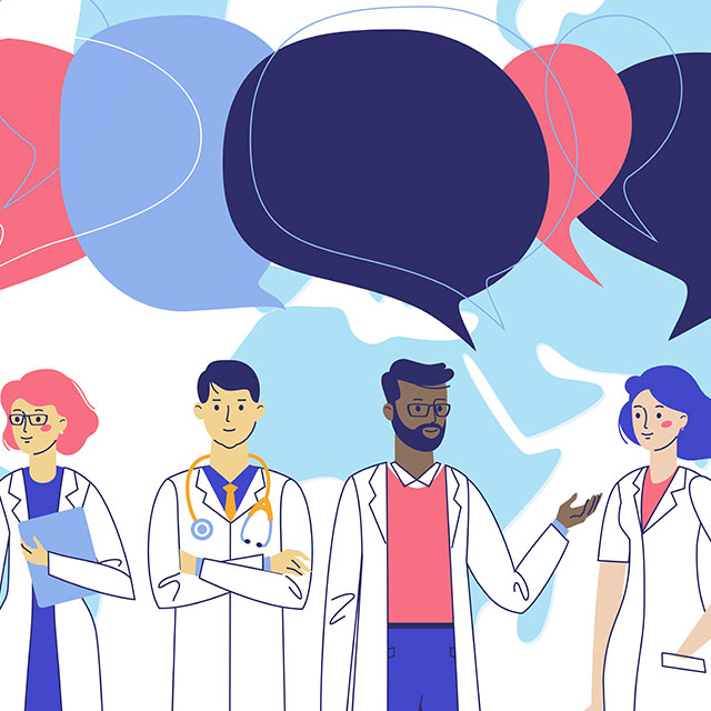 An illustration of a group of doctors talking to each other. Above them are multi-colored speech bubbles. Behind them is a map of the world.  