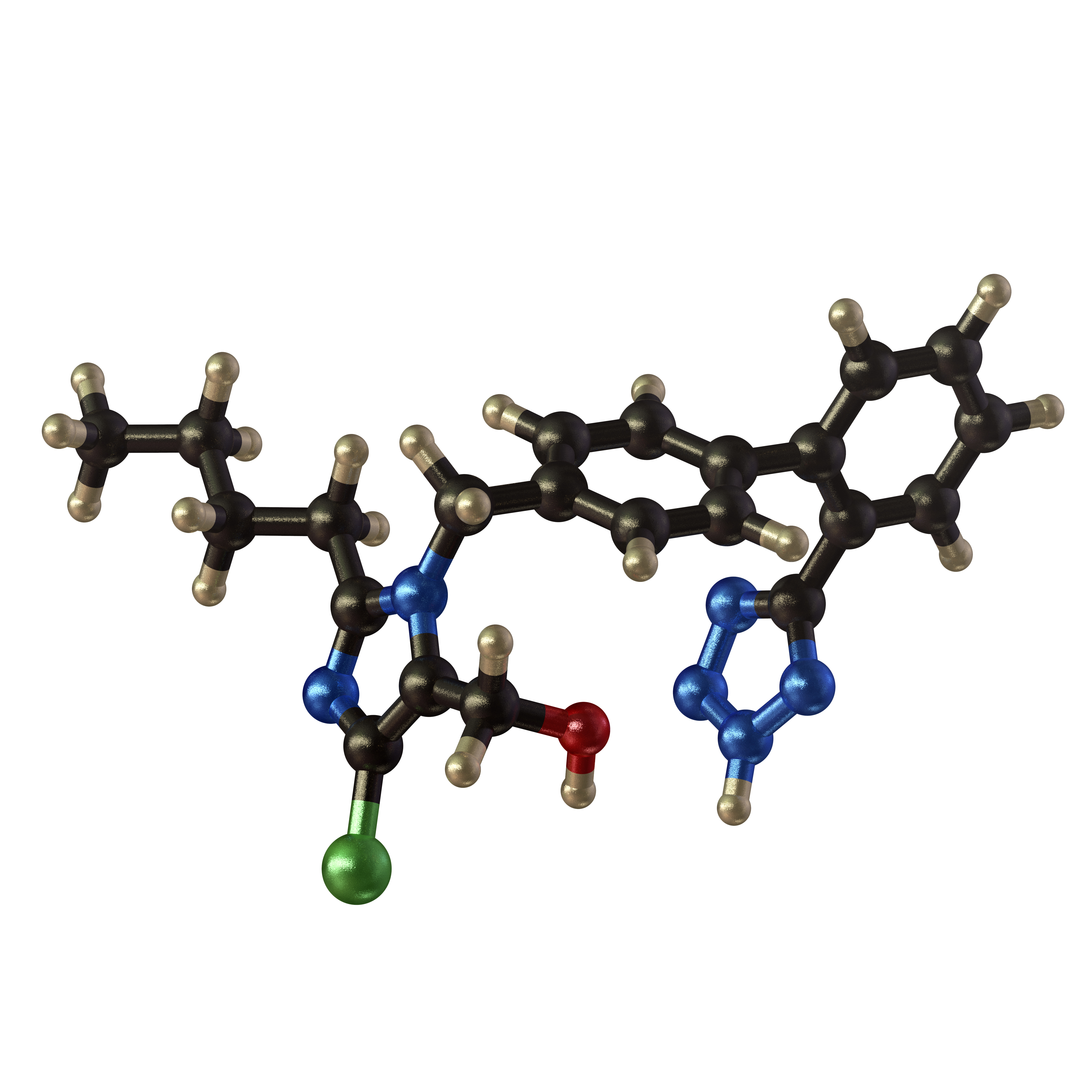 A molecular model of the ARB drug Losartan shows mostly black atoms connected to each other.