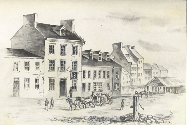 A rendering of the Seven Stars Tavern on 2nd Street in Baltimore from 1819.