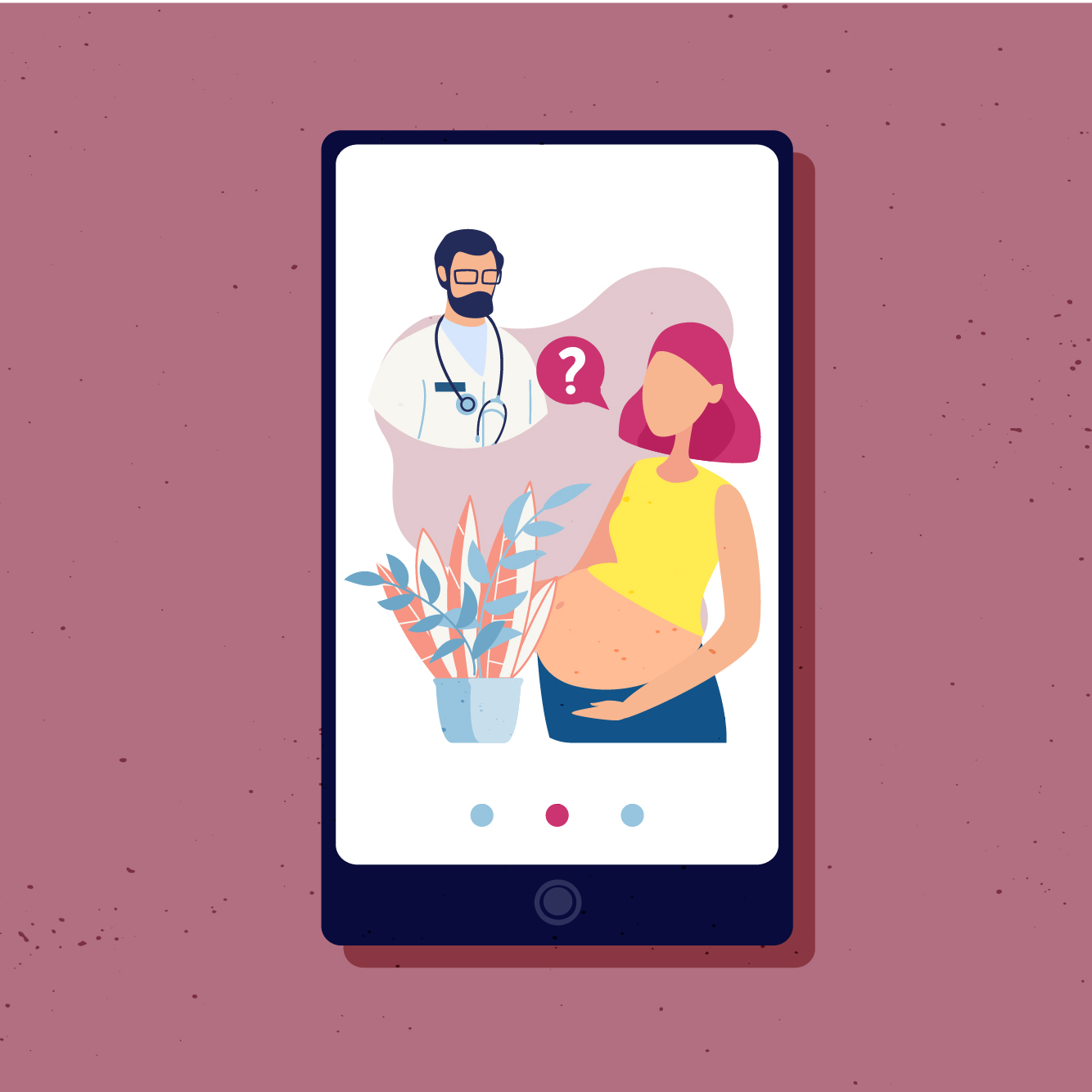 An illustration shows an expectant mother talking to a doctor