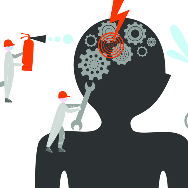 Image shows figurative illustration of a brain with gears turning, with small workers in construction hats tending to the gears. 