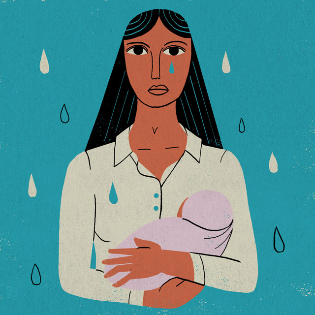 Illustration of woman cradling a baby in her arms