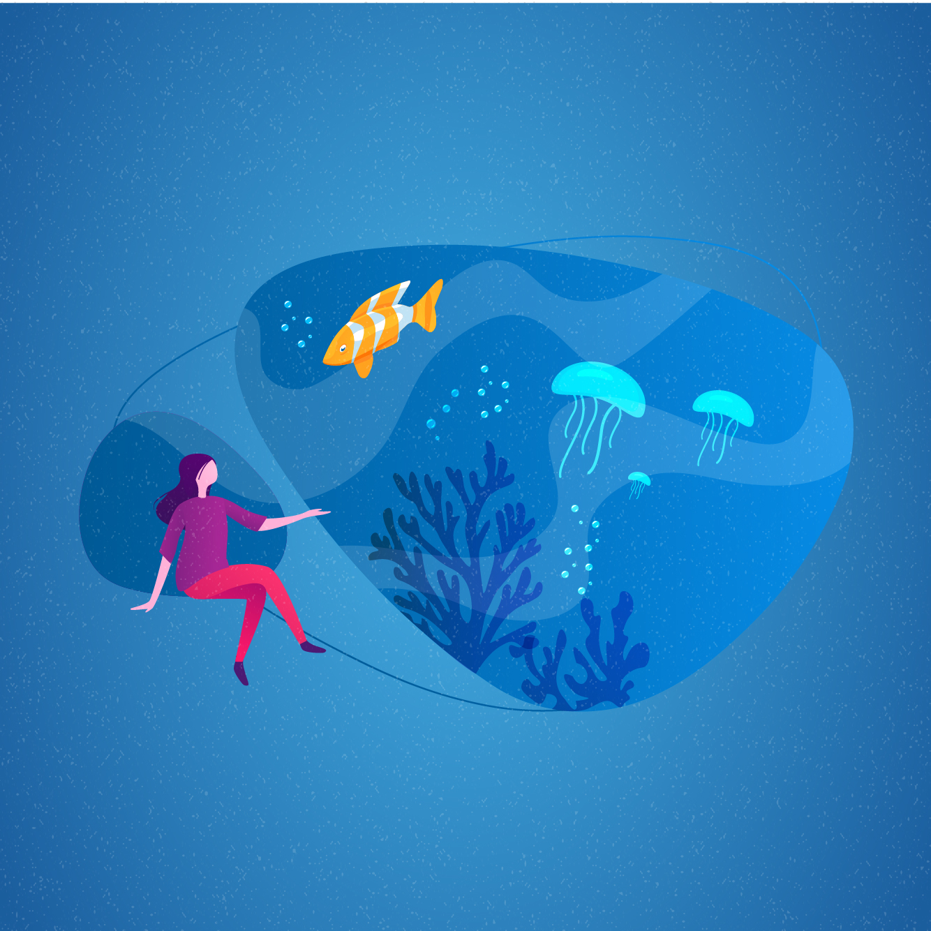 An illustration represents a virtual experience at an aquarium. 