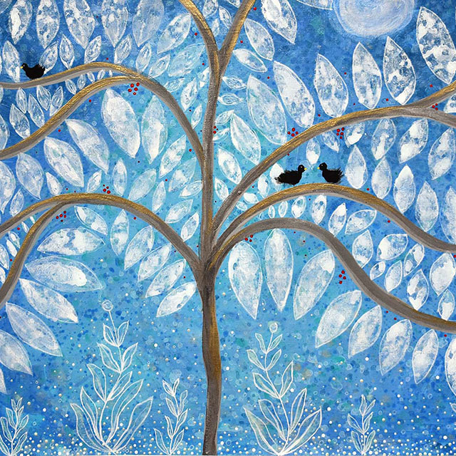 Painting of a tree with white leaves and black birds.