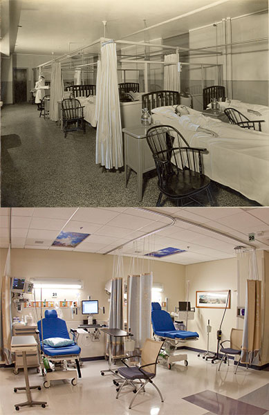 Comparison of the Wilmer Men’s Ward in 1929 and the present day Bendann Surgery Center.