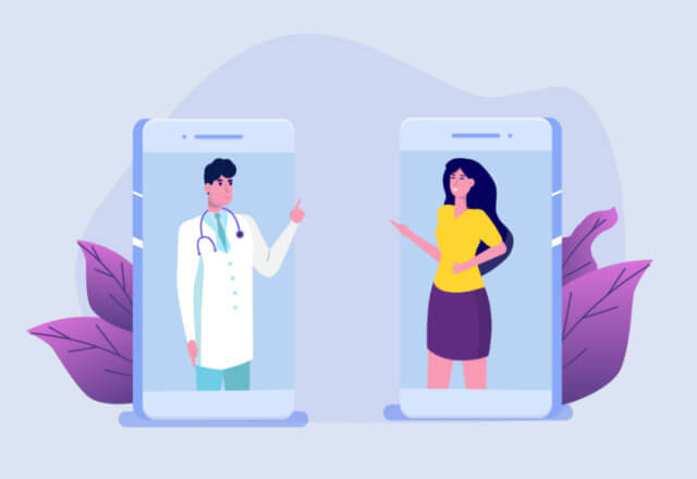 cartoon of doctor and woman using telemedicine to treat addiction
