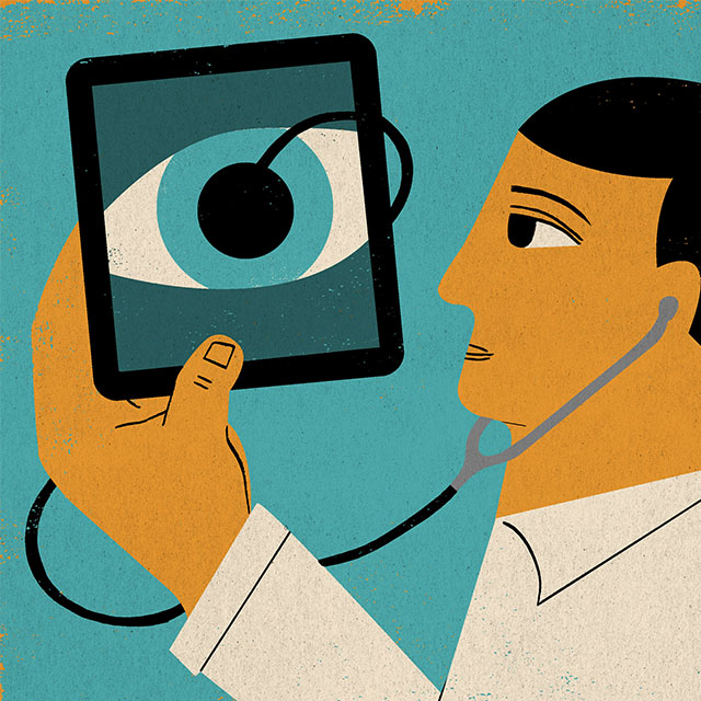 Illustration shows a doctor speaking with a patient via computer.