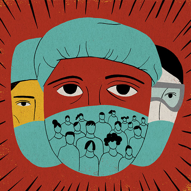 Illustration shows the heads of three physicians with masks on to protect themselves from COVID-19.
