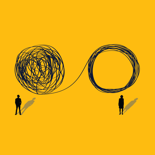 Illustration of two people standing under circles. One is a jumbled mess of lines while the other is made of a perfect, organized set of lines. 