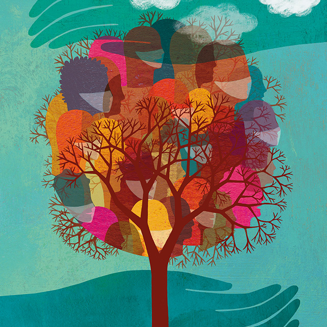 Illustration of a tree being held from the top and bottom by two hands. 