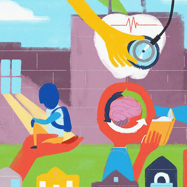 A conceptual somewhat abstract illustration shows colorful hands helping schools in community. 
