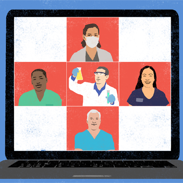 Illustration of five learners arranged on a red cross on a computer screen, including one with a mask, one holding a beaker and three in scrubs.