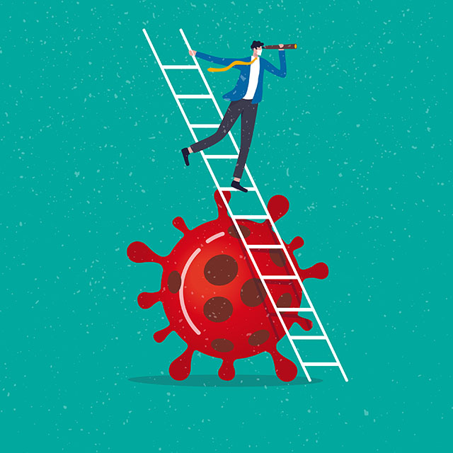 graphic of a coronavirus, and a man standing on a ladder propped against it, looking into the future