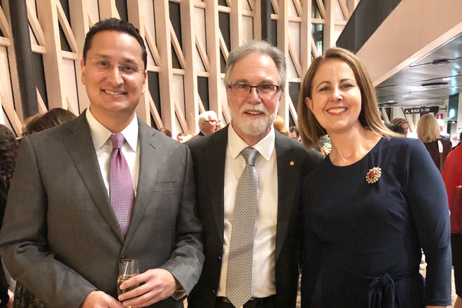 Akrit Sodhi, Gregg Semenza, and Silvia Montaner at the Karolinska Institute in Stockholm following the Nobel Prize in Physiology or Medicine Lectures.