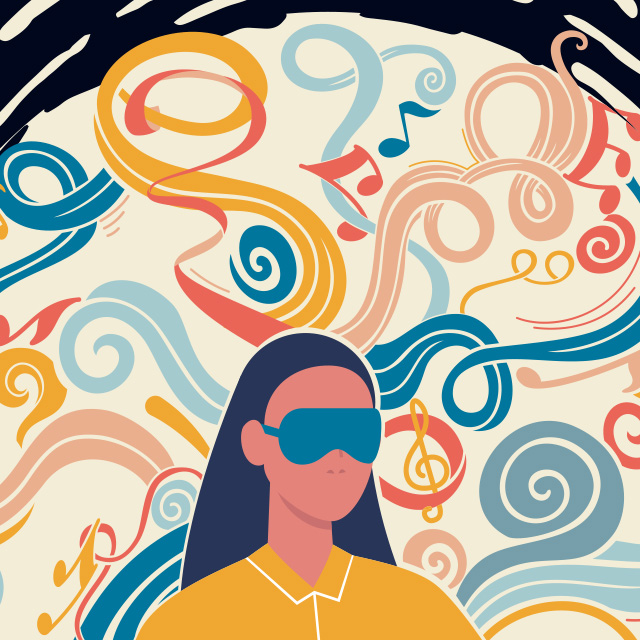 Groovy-looking drawing of a woman with long hair and a blindfold, with squiggles and musical notes swirling around her head. 