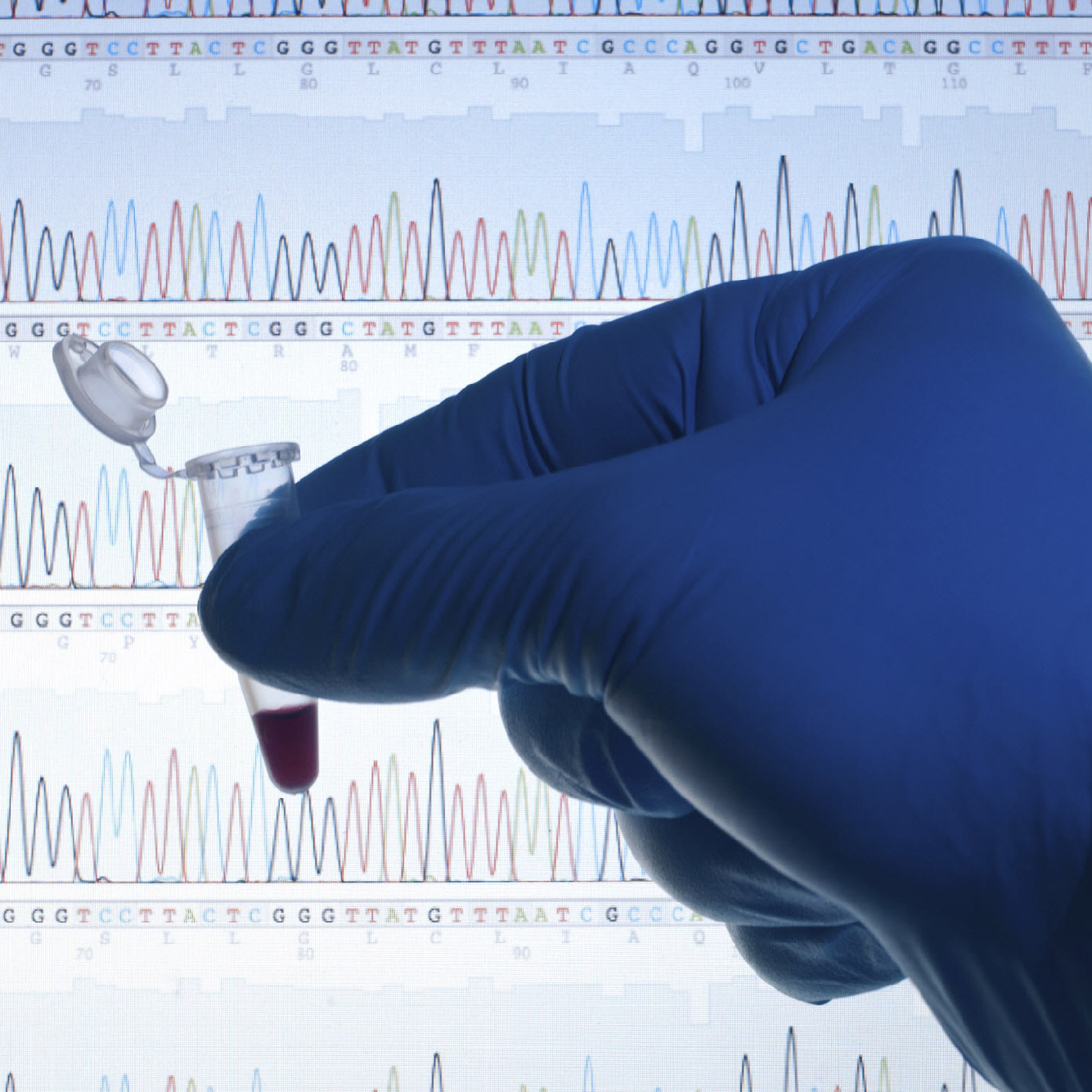 DNA sequence and physician holding tube of blood