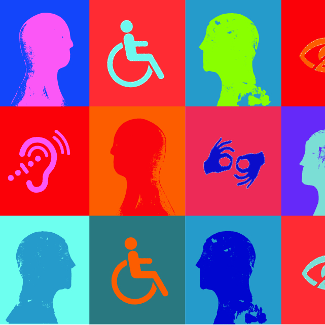 A grid in jewel tones, showing handicap symbols like a wheelchair and an eye, mixed with silhouettes of a head. 