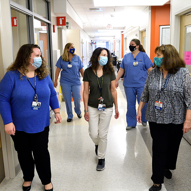 The Stepping Stones program is facilitated by a team of transplant social workers and nurse practitioners. Shown here is a photo of a group of women, from left to right: Angela Duckworth, Carrie Chamberlain Penny, Rochelle Blum, Rachel Marino and Mary Kaiser.