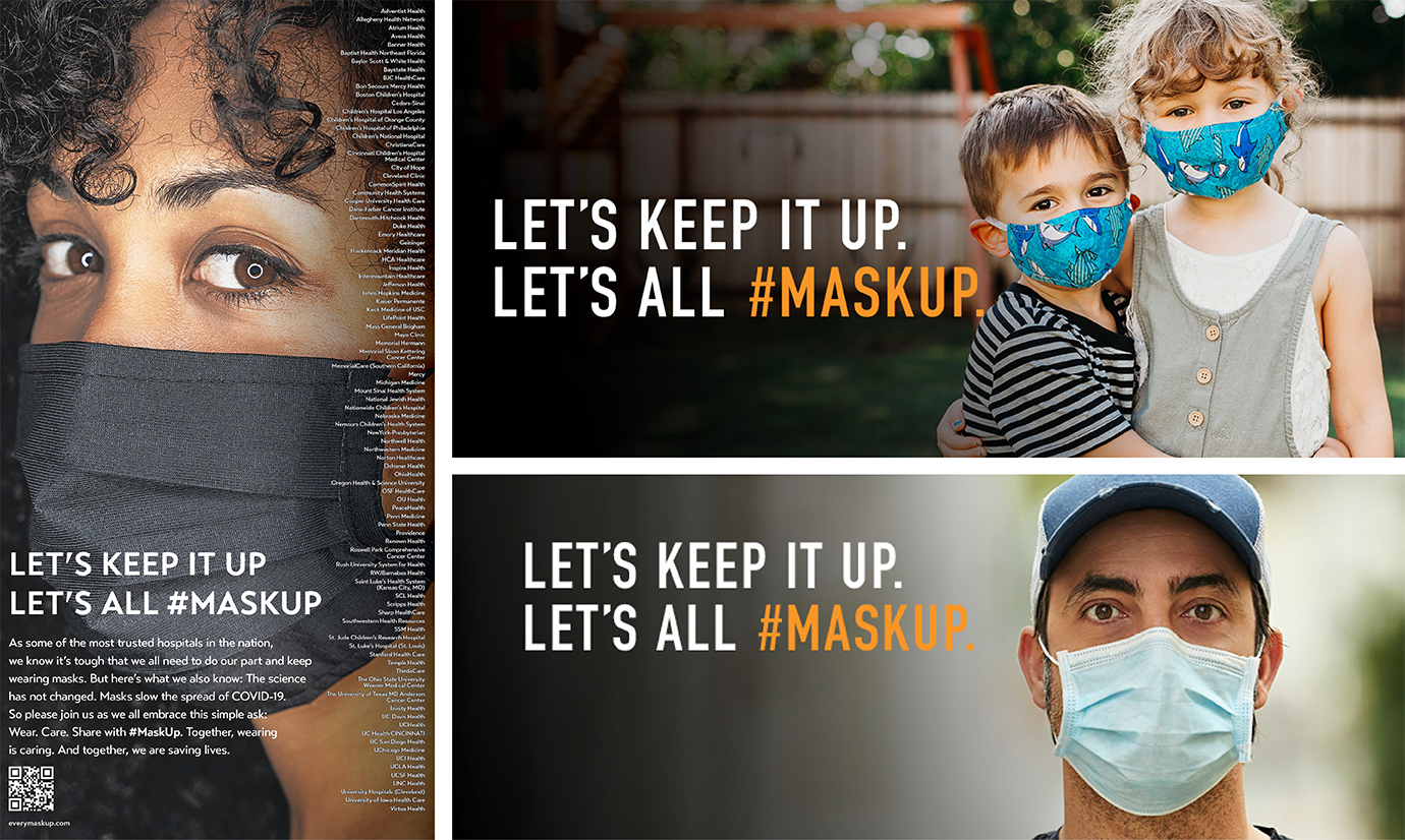 Separate images and advertisements from the #MaskUp campaign show a woman, and man and two children wearing facemasks..