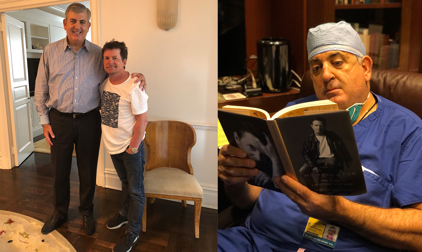Photos show actor Michael J Fox standing with spinal surgeon Nicholas Theodore, and Theodore reading Fox’s new memoir.