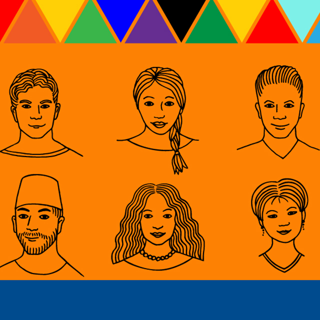 rows of sketched faces on an orange background