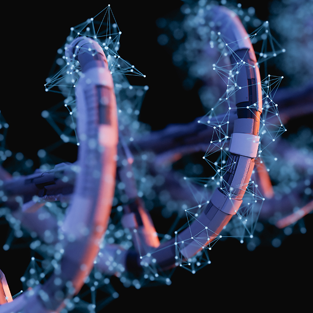 A conceptual illustration of a DNA helix shows a blue, purple and pink spiral on a black background.