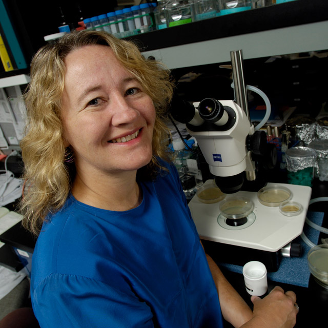 A photograph of Nobel Prize winner Carol Greider in a laboratory.